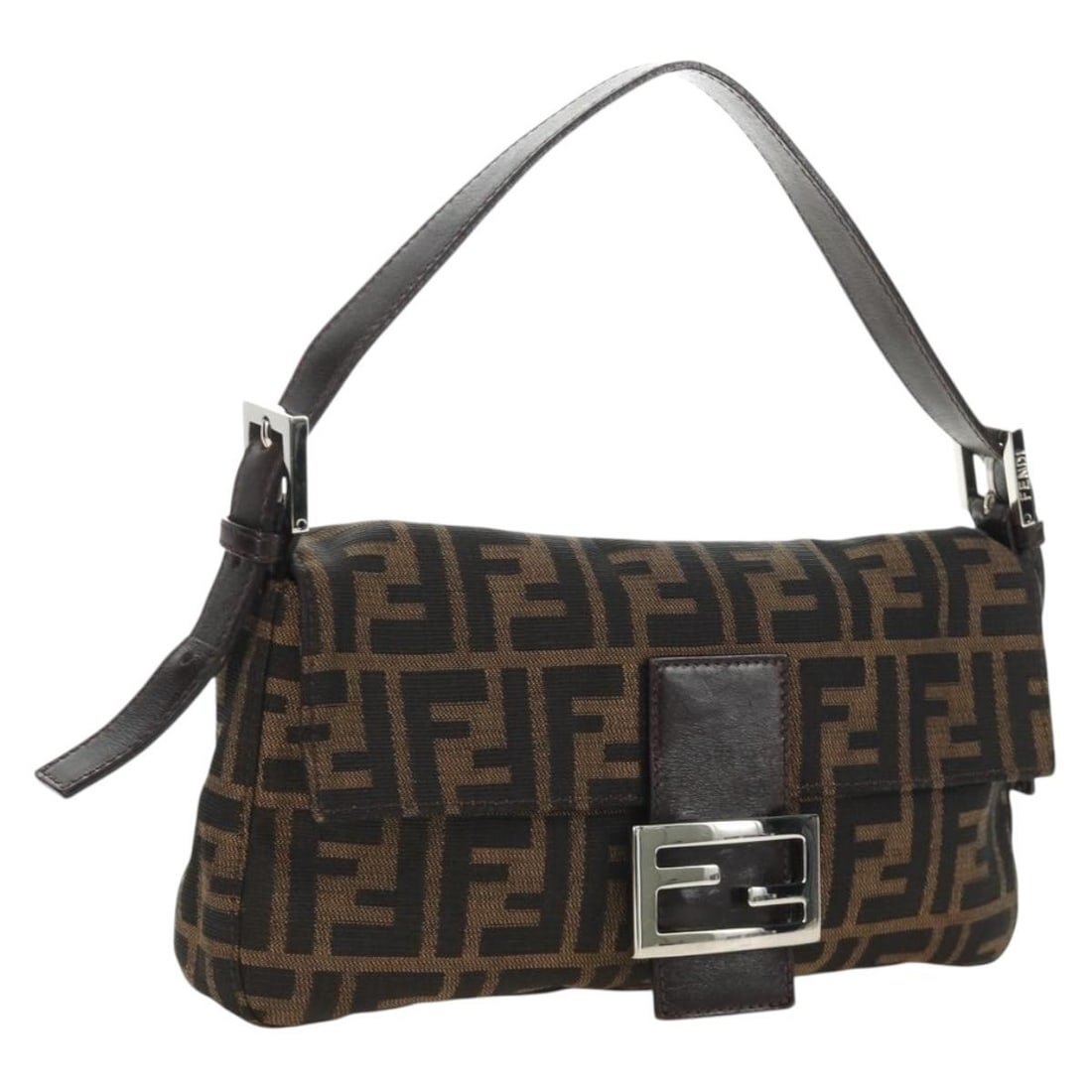 FENDI Mamma Baguette Shoulder Bag Zucca Canvas Black Brown: FENDI Mamma Baguette Shoulder Bag Zucca Canvas Black Brown Fendi Mamma Baguette shoulder bag in Zucca canvas with a black and brown colorway. Made in Italy, it comes with a dust bag. The bag is descri