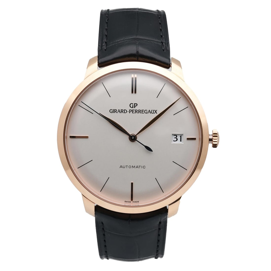 Girard-Perregaux 1966 41mm 18K Rose Gold Automatic Men's Watch: Girard-Perregaux 1966 41mm 18K Rose Gold Automatic Men's Watch This Girard-Perregaux 1966 wristwatch features a 41mm 18K rose gold case with a smooth pink bezel and a silver dial accented by baton ind