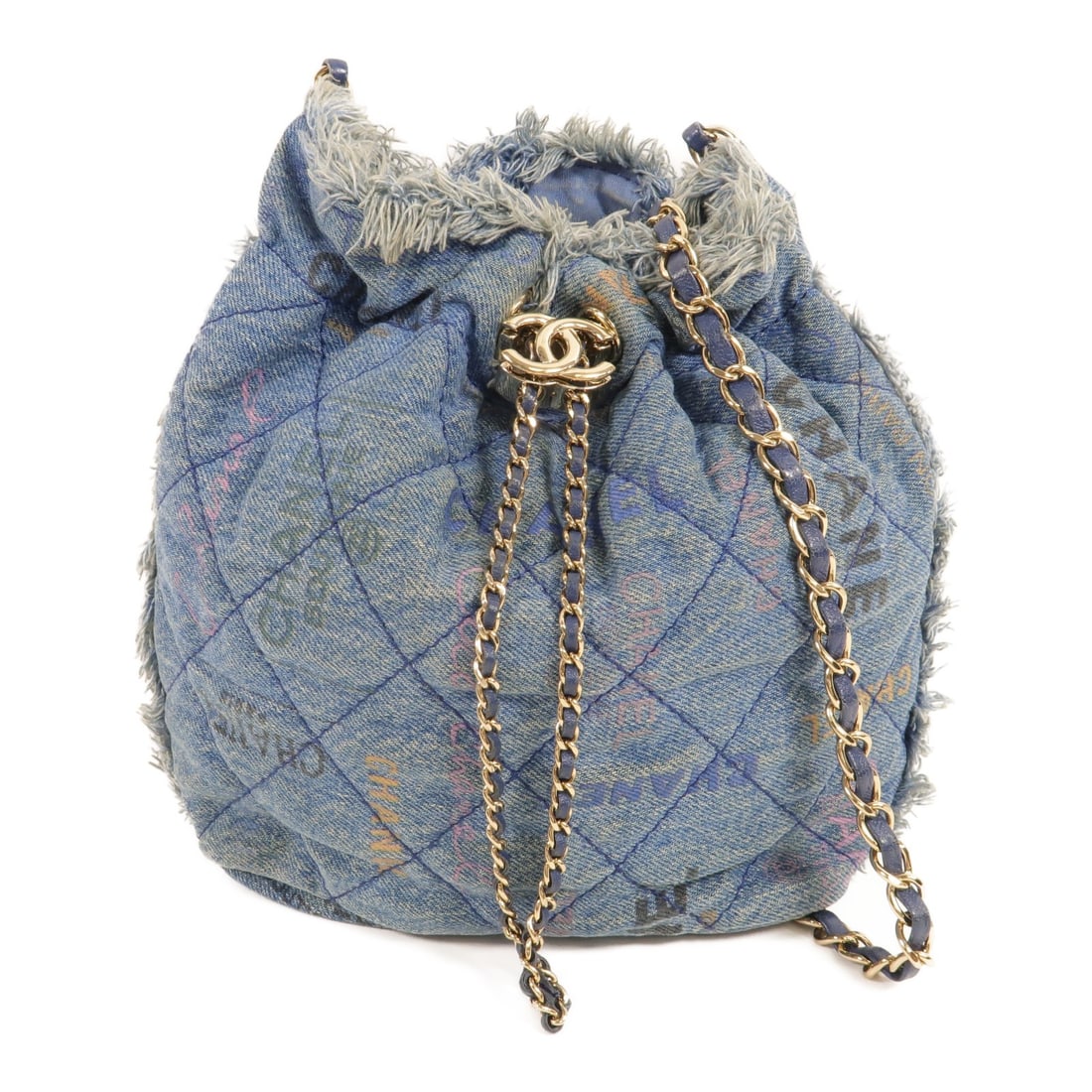 CHANEL AS3027 Denim Bucket Shoulder Bag Blue CC: CHANEL AS3027 Denim Bucket Shoulder Bag Blue CC CHANEL CC GHW Bucket Bag Shoulder Bag in blue denim. This bucket-style shoulder bag features the CHANEL CC design and gold-tone hardware. The bag is lis