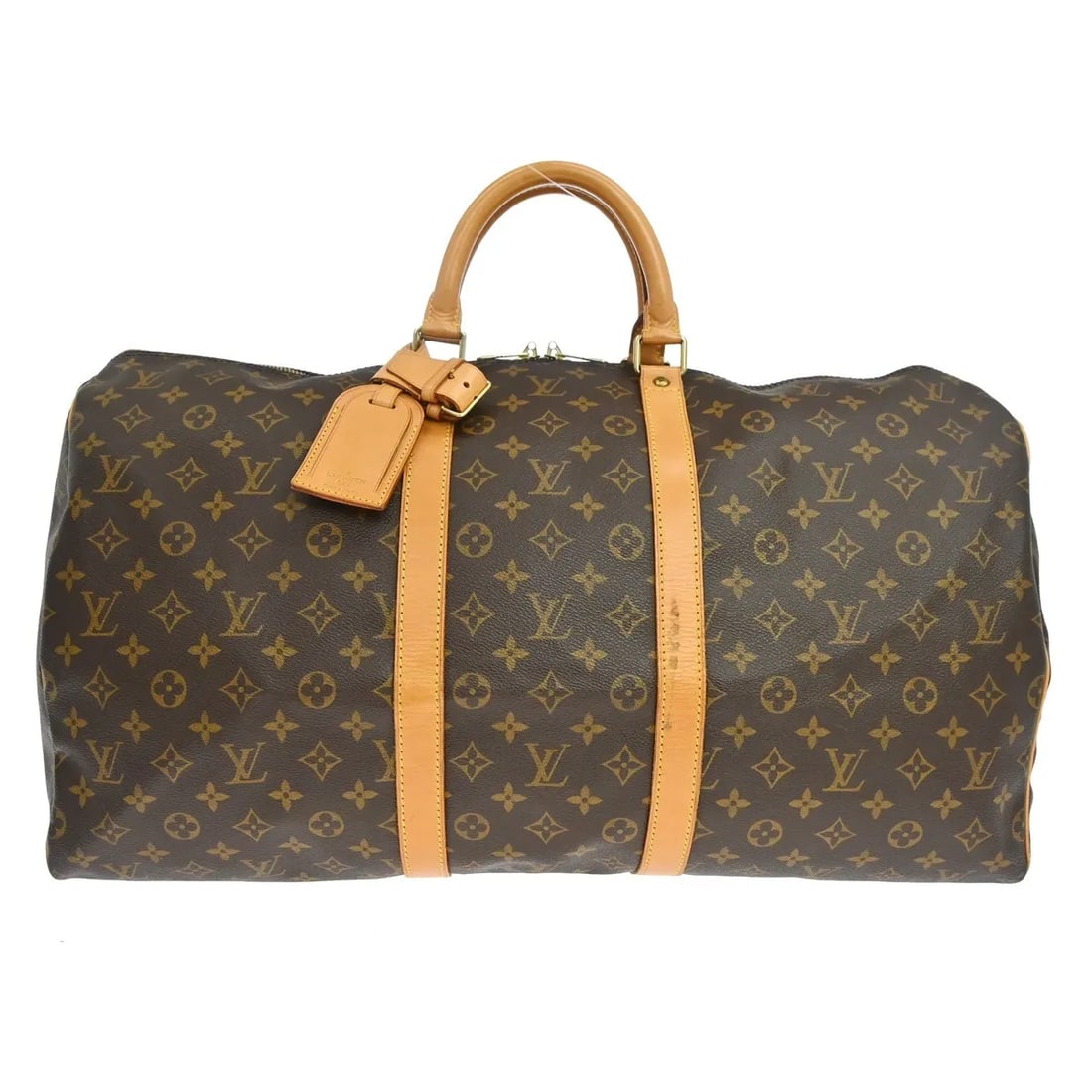 Louis Vuitton Monogram Canvas Keepall Travel Duffel: Louis Vuitton Monogram Canvas Keepall Travel Duffel This Louis Vuitton Keepall Bag is crafted from signature monogram canvas in brown and is designed for unisex use. The bag features leather trim that