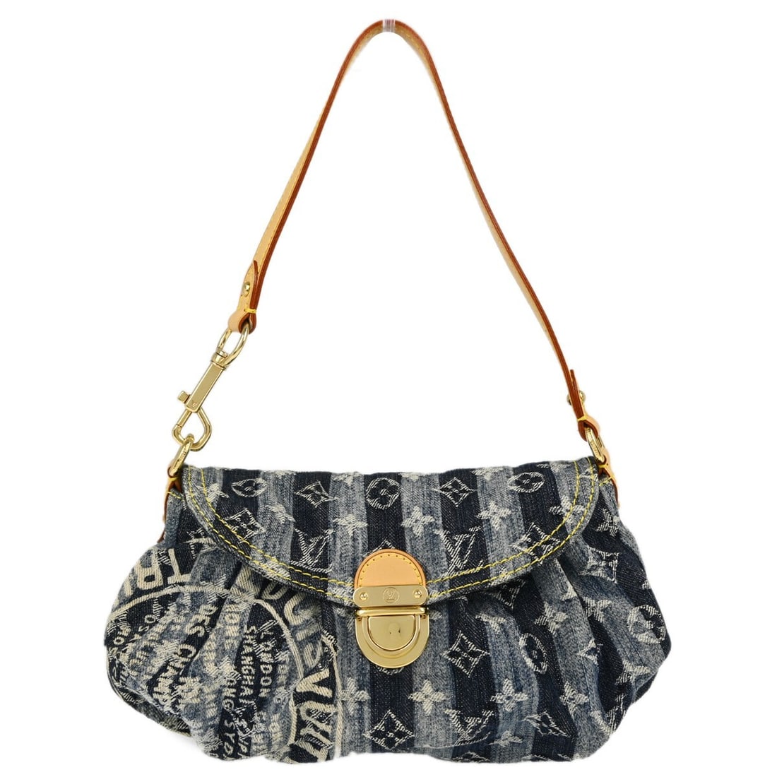 Louis Vuitton Mini Pleaty Blue Monogram Denim Top Handle Bag M95333: Louis Vuitton Mini Pleaty Blue Monogram Denim Top Handle Bag M95333 Louis Vuitton Mini Pleaty Raye handbag in blue Monogram denim canvas with leather trim. This small top-handle bag features a clasp c