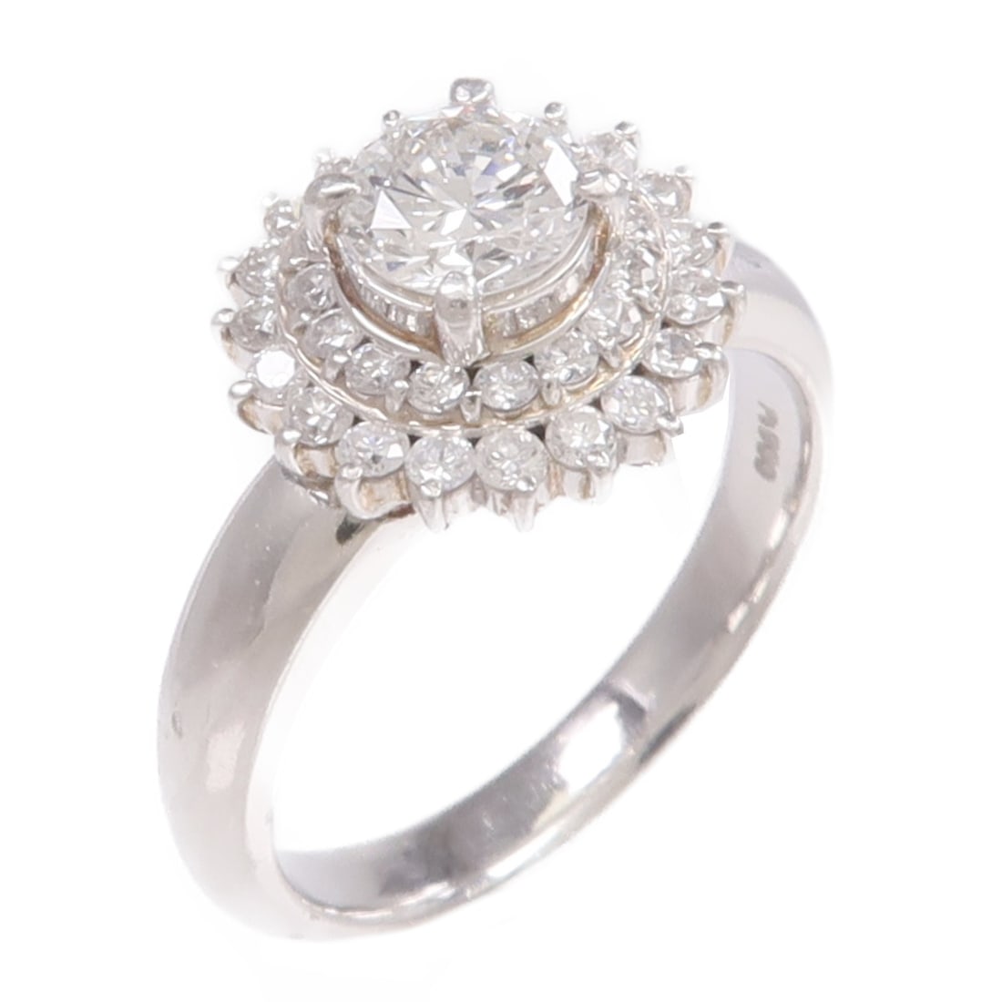 Pt900 Platinum Diamond Ring US Size 6.25: Pt900 Platinum Diamond Ring US Size 6.25 A women's ring crafted in Pt900 platinum with diamond accents. The ring is size 6.25 and features a clear finish with a motif measuring 12 mm x 12 mm. It has a