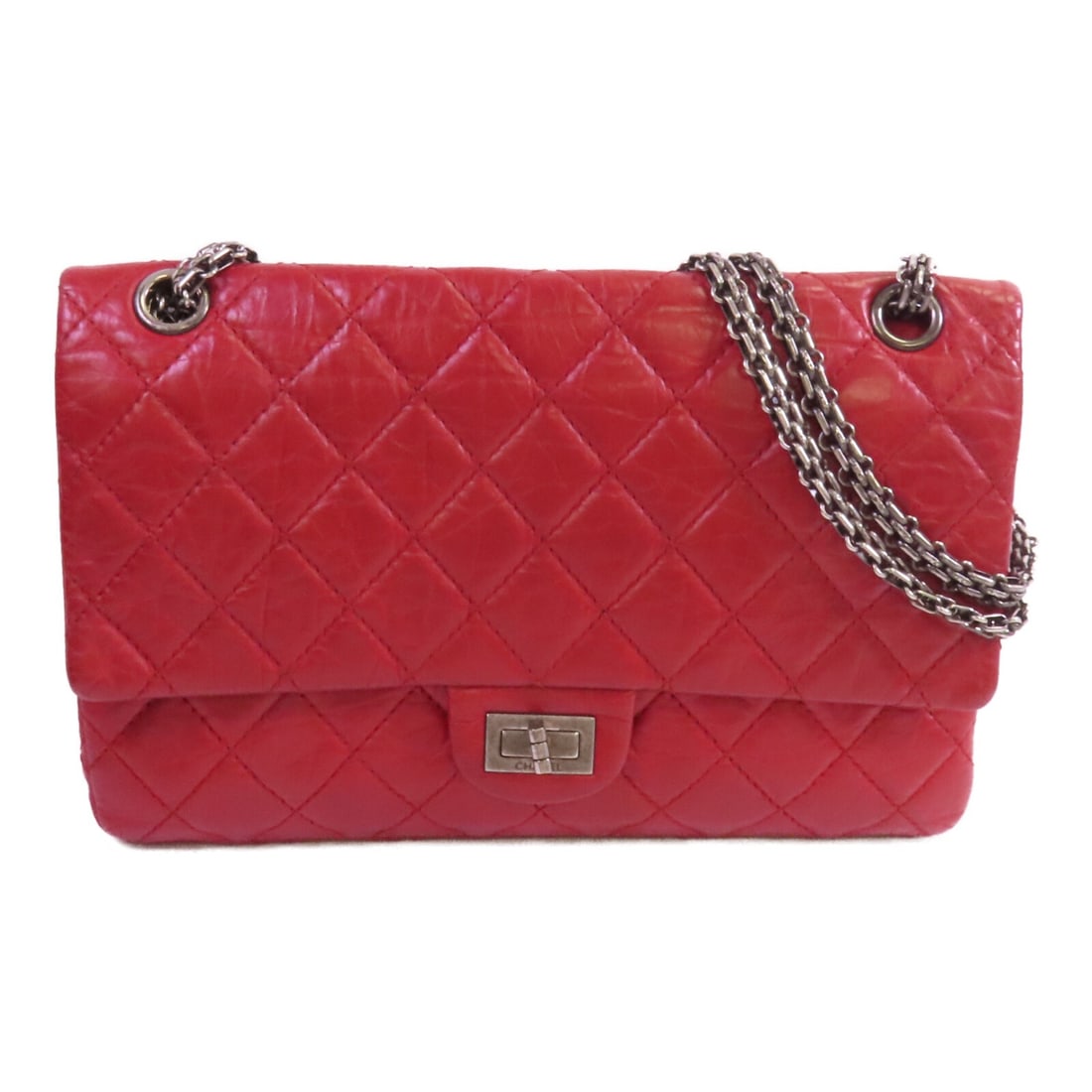 CHANEL 2.55 A37587 Large Red Calfskin Chain Shoulder Bag: CHANEL 2.55 A37587 Large Red Calfskin Chain Shoulder Bag CHANEL CC SHW 2.55 Large Chain Shoulder Bag A37587 in red calfskin (cowhide) leather. This shoulder bag features a flap closure, three open int