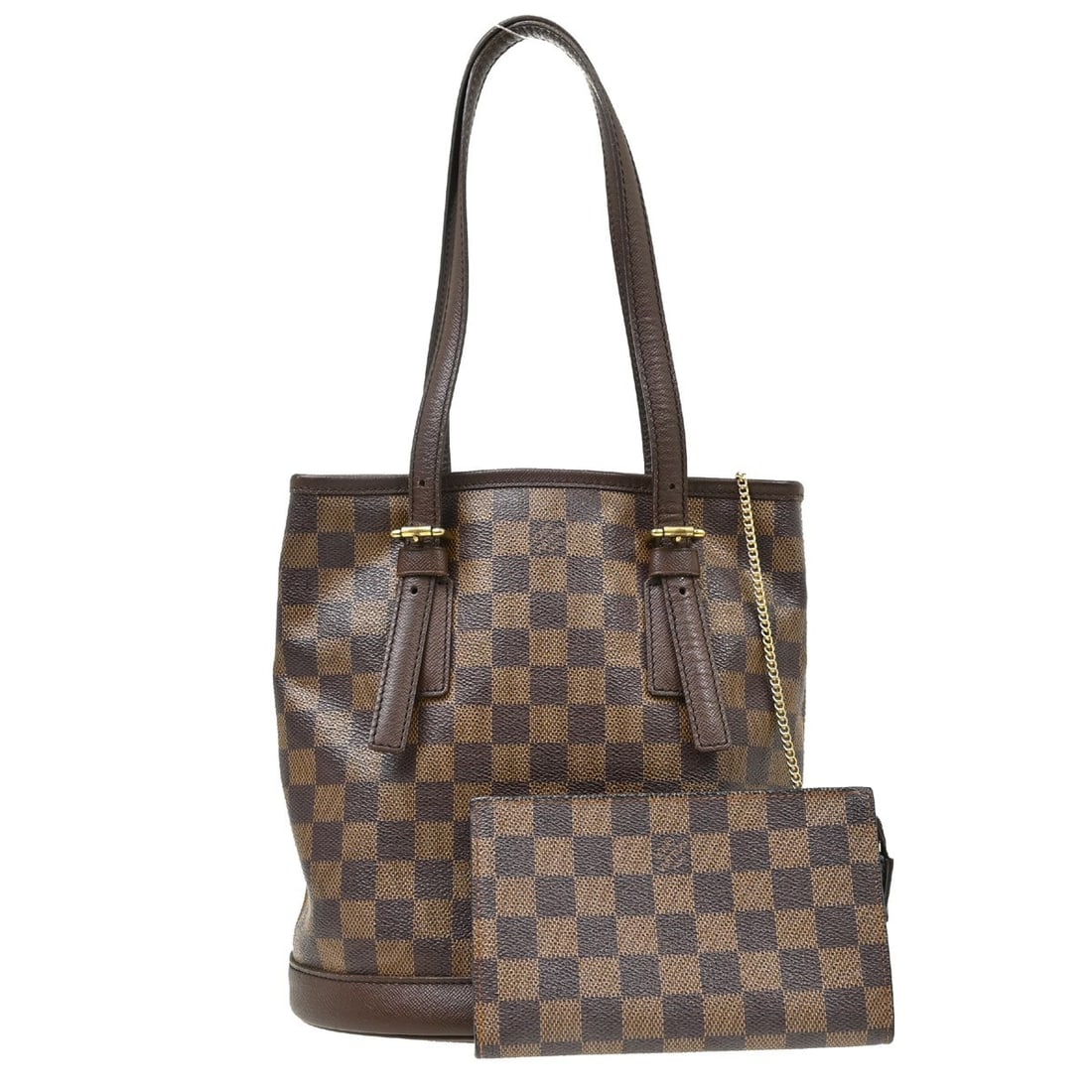 Louis Vuitton Marais Damier Ebene Tote Bag N42240 with Pouch: Louis Vuitton Marais Damier Ebene Tote Bag N42240 with Pouch Vintage Louis Vuitton Marais tote bag in Damier Ebene with double leather handles, an open top, and a red canvas lining. This women's mediu
