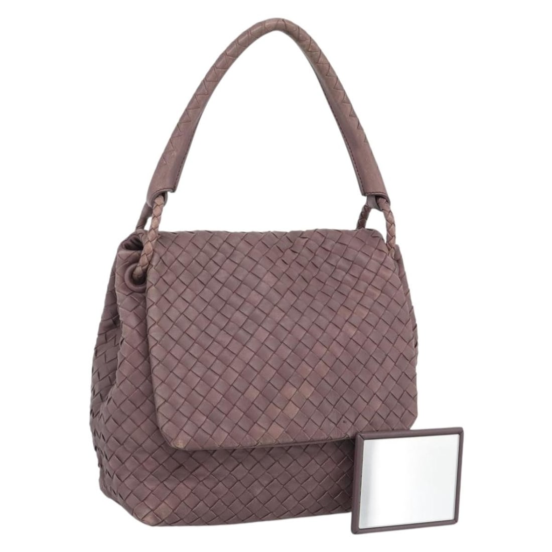 Bottega Veneta Intrecciato Purple Leather Handbag with Mirror: Bottega Veneta Intrecciato Purple Leather Handbag with Mirror Bottega Veneta Intrecciato handbag in purple leather with gold-tone accents. Made in Italy, this women's handbag includes a mirror accesso