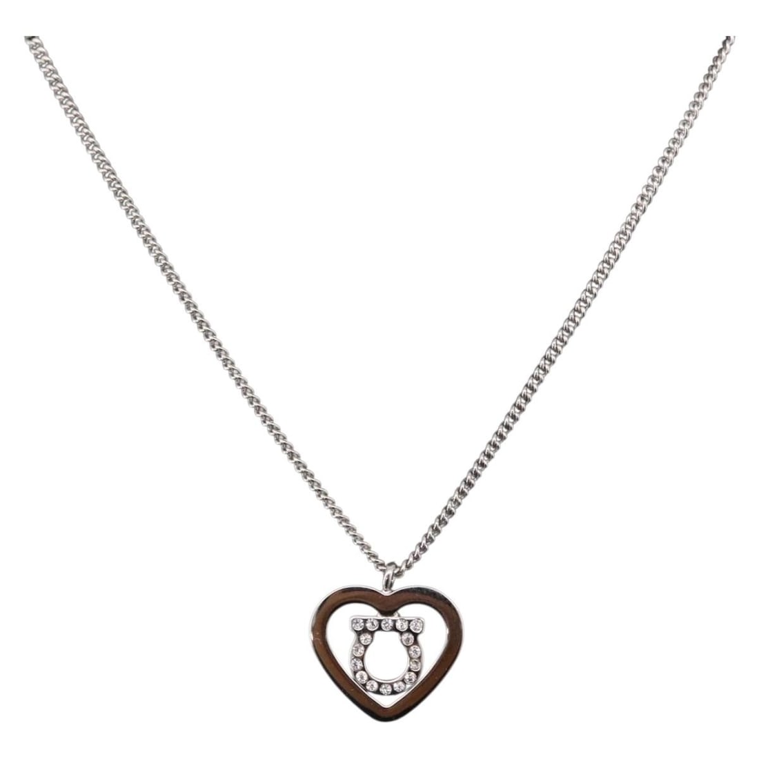 Silver Tone Heart Necklace Salvatore Ferragamo Gancini Rhinestone (1 of 15)