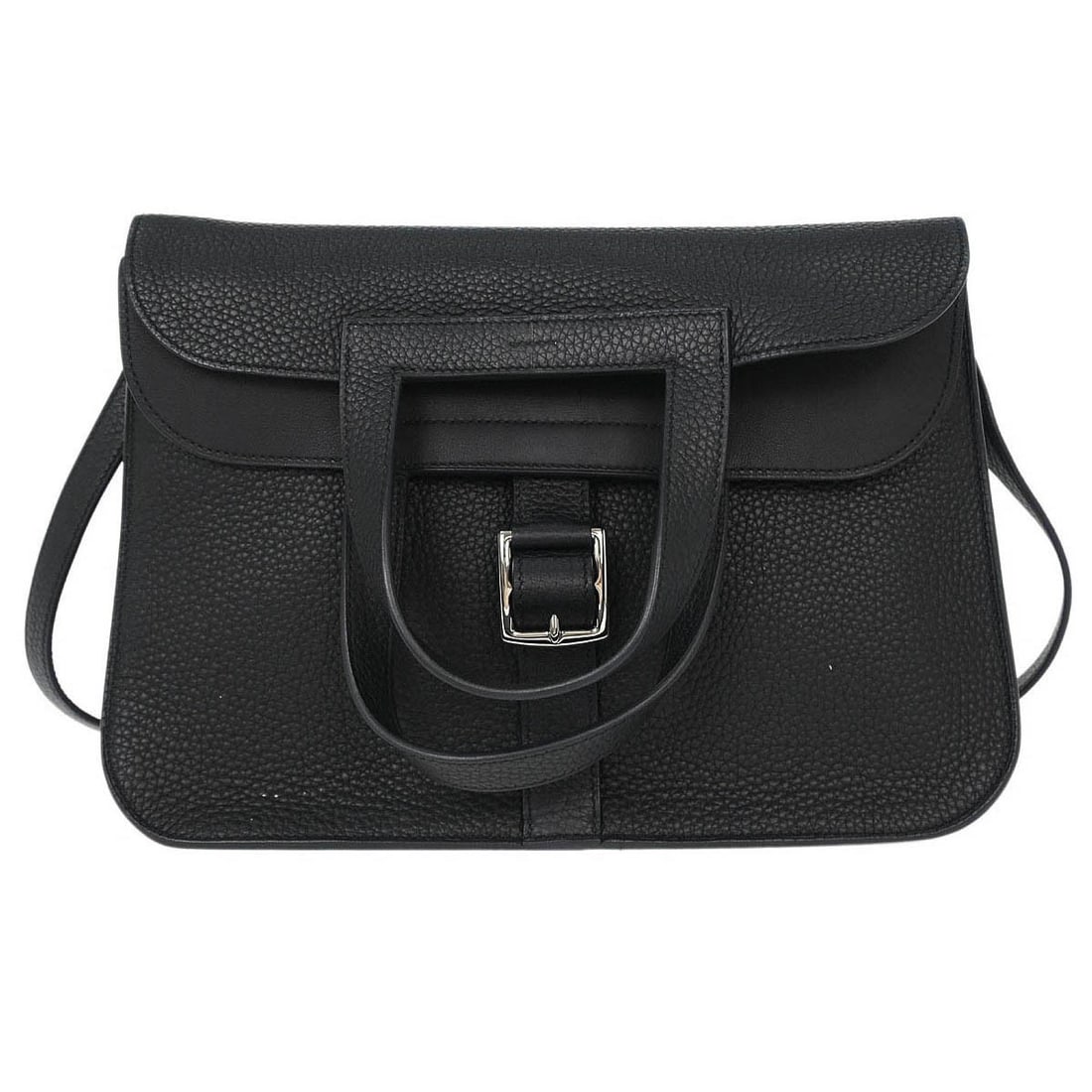 Hermes Halzan 31 Black Taurillon Clemence 2way Shoulder Bag: Hermes Halzan 31 Black Taurillon Clemence 2way Shoulder Bag Hermes Halzan 31 2-way tote bag in black Taurillon Clemence leather. This women's shoulder bag features double handles, an adjustable should