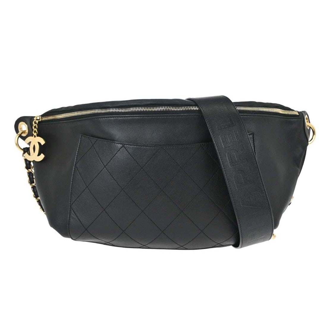 CHANEL Pharrell Williams Bum Bag Black Lambskin 2way Belt Bag: CHANEL Pharrell Williams Bum Bag Black Lambskin 2way Belt Bag Chanel x Pharrell Williams 2way waist bag in black lambskin with a matelasse, quilted finish. It features a zip closure, adjustable leathe