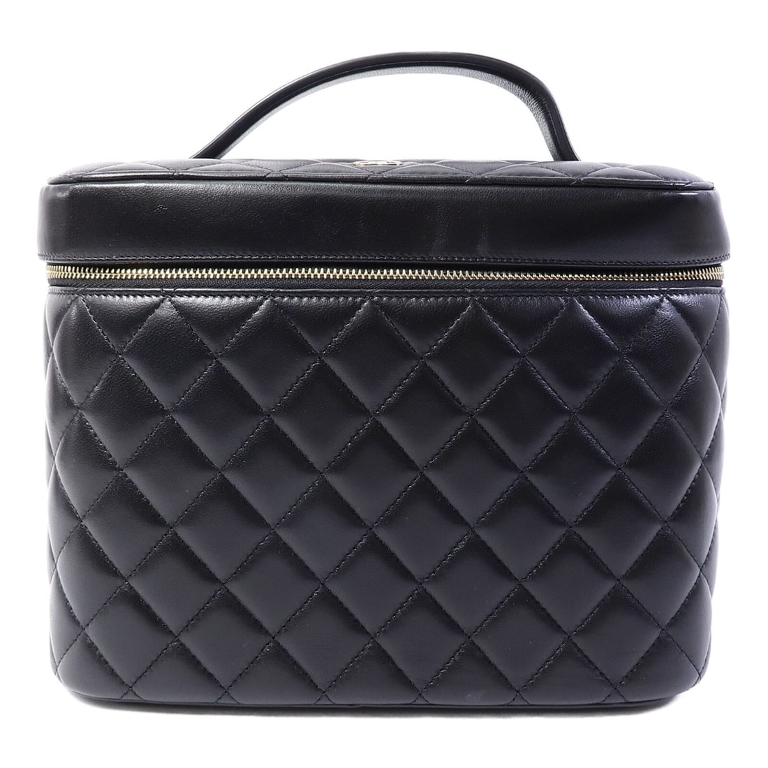 CHANEL Large Black Lambskin Vanity Case Handbag with CC: CHANEL Large Black Lambskin Vanity Case Handbag with CC CHANEL CC GHW large vanity case handbag in black lambskin leather. It features a black-on-black colorway, a handle, and an interior with four op