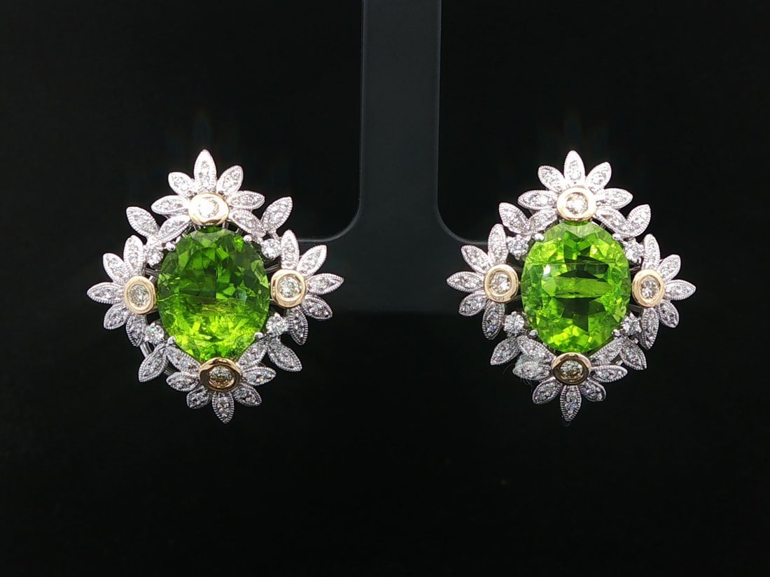 14k Two Tone Peridot Diamond Floral Omega Earrings (1 of 13)