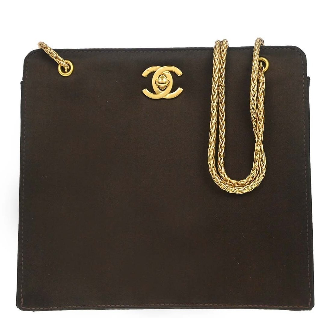 CHANEL Mini Satin Shoulder Bag Brown Turn Lock Chain Strap: CHANEL Mini Satin Shoulder Bag Brown Turn Lock Chain Strap Brown satin Chanel shoulder bag in mini size with a turn-lock closure and shoulder strap. It features one exterior pocket and an interior wit