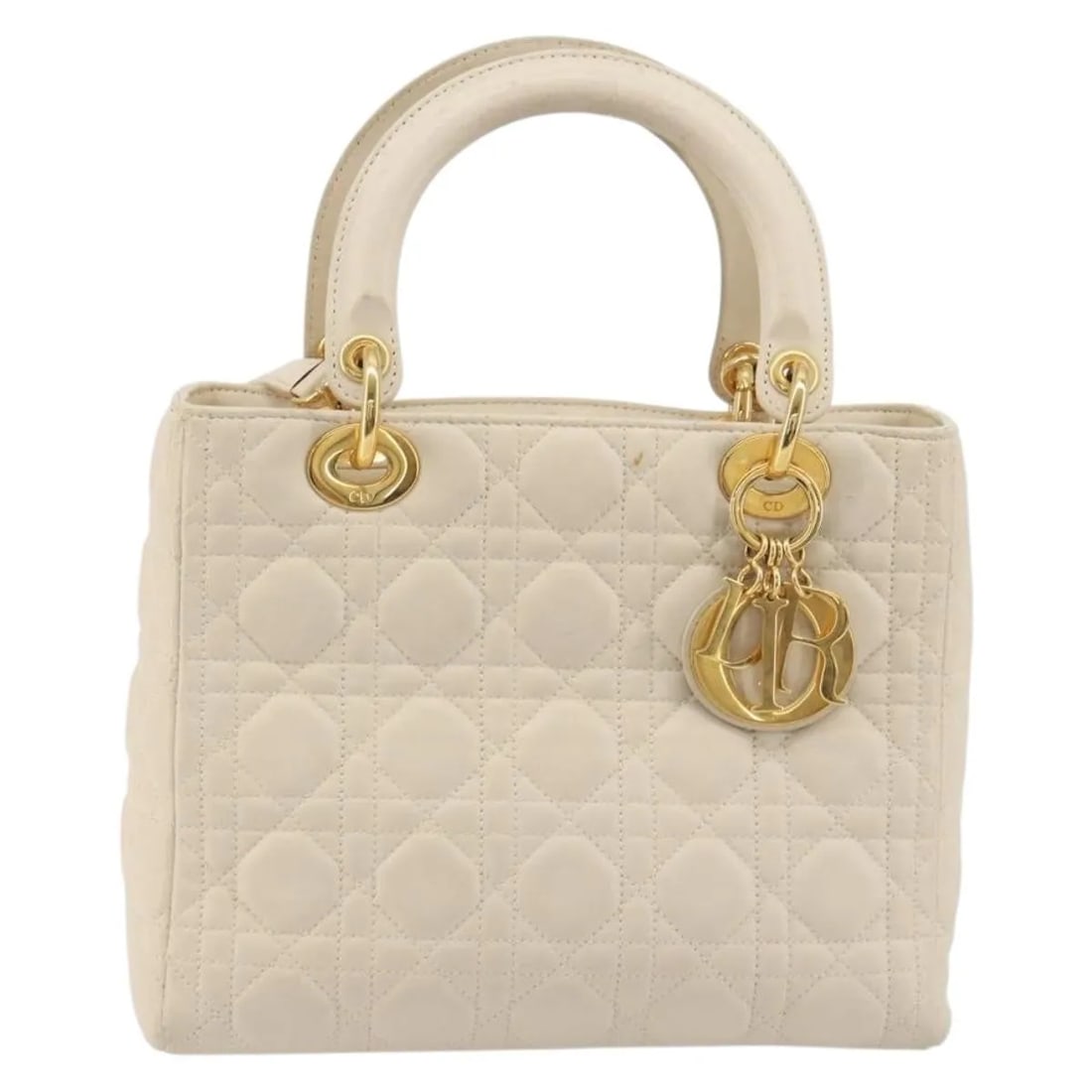 Christian Dior Lady Dior white leather handbag: Christian Dior Lady Dior white leather handbag A Christian Dior Lady Dior Cannage Quilt bag in white leather, made in Italy. It is described as a female model with dimensions of 24 cm x 20 cm x 12 cm.