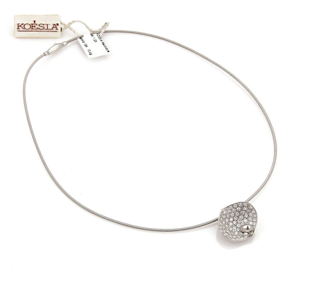 Koesia Diamond Pearl Shell Pendant Necklace in 18k White Gold: Koesia Diamond Pearl Shell Pendant Necklace in 18k White Gold An elegant shell-inspired pendant necklace crafted in 18k white gold, featuring diamond accents totaling approximately 1.23 carats and pea