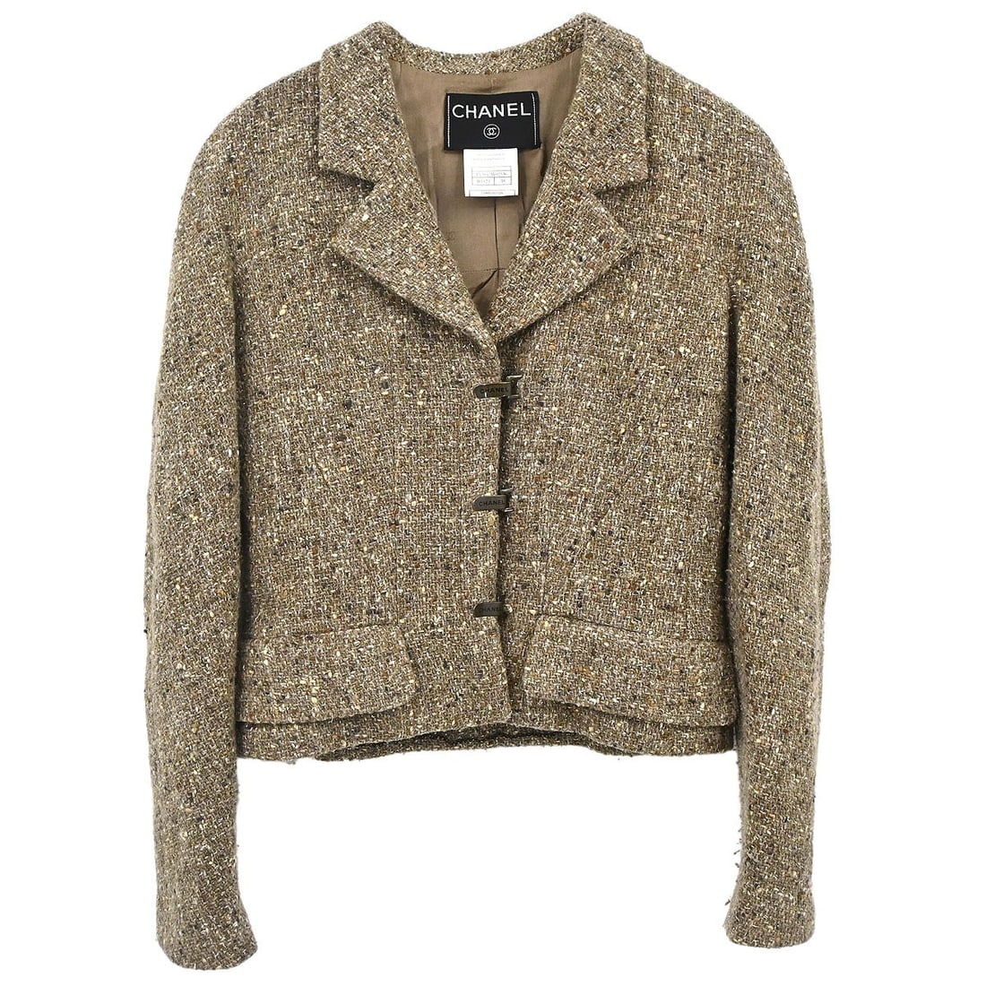 CHANEL Brown Wool Blend Tweed Jacket FR 38: CHANEL Brown Wool Blend Tweed Jacket FR 38 A vintage CHANEL single-breasted tweed jacket in brown, designed for women in a regular FR 38 size. It features a collared neckline, button closure, long sle