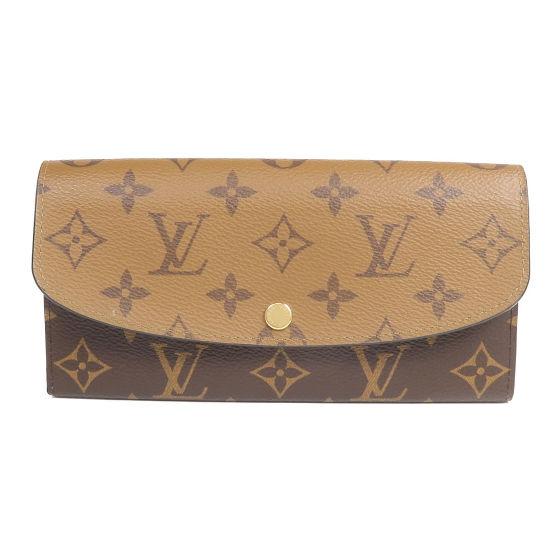Louis Vuitton Emilie M82157 long wallet Monogram Reverse brown: Louis Vuitton Emilie M82157 long wallet Monogram Reverse brown A Louis Vuitton Emilie long wallet in brown Monogram Reverse x PVC coated canvas. It features a hook button closure, three open compartme