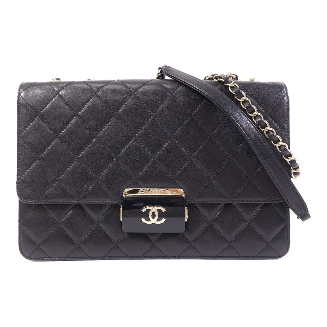 CHANEL CC Shoulder Bag Black Calfskin Leather Chain GHW: CHANEL CC Shoulder Bag Black Calfskin Leather Chain GHW CHANEL shoulder bag in black calfskin (cowhide) with a CC design and gold-tone chain shoulder strap. It features one inside zip pocket and comes