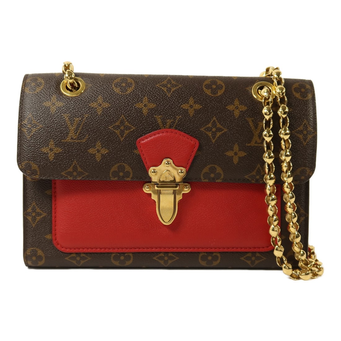 Louis Vuitton Victoire M41731 Monogram Shoulder Bag Brown Red: Louis Vuitton Victoire M41731 Monogram Shoulder Bag Brown Red Louis Vuitton Victoire Chain Shoulder Bag, model M41731, in Brown/Red. It is made from Monogram and PVC coated canvas, with a brown exteri