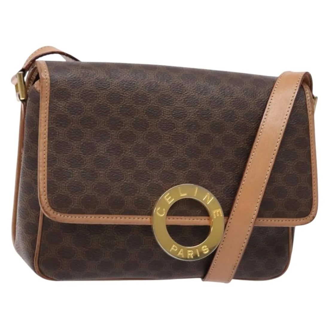 Celine Vintage Macadam Brown Canvas Shoulder Bag: Celine Vintage Macadam Brown Canvas Shoulder Bag This vintage Celine Macadam shoulder bag for women features a brown canvas exterior and is crafted in Italy. The bag has signs of wear including rubbin