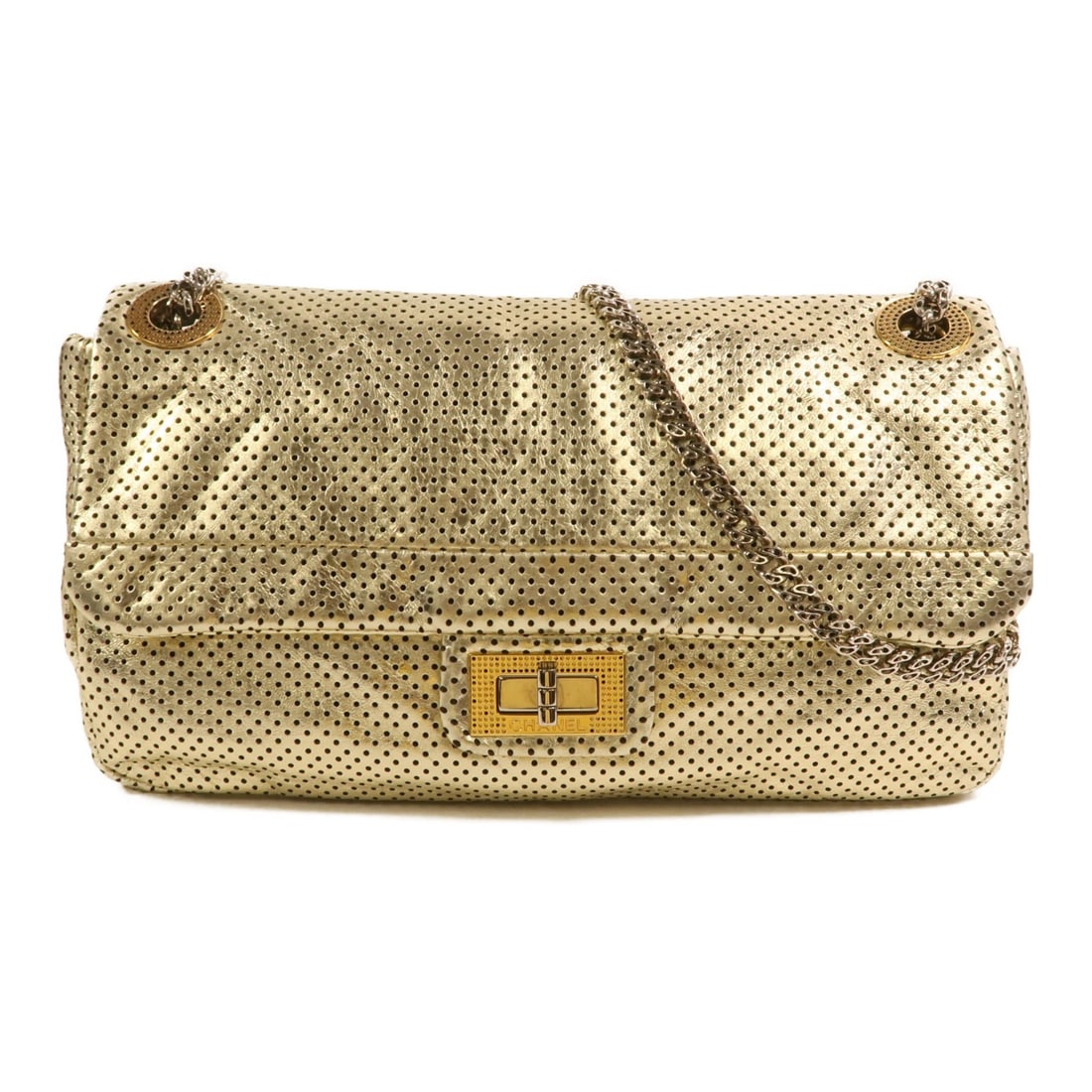 CHANEL CC Shoulder Bag Calfskin Leather Gold Chain Strap: CHANEL CC Shoulder Bag Calfskin Leather Gold Chain Strap A CHANEL shoulder bag crafted in calfskin (cowhide) with a gold exterior and gold frame color. It features a chain shoulder strap, turn lock cl