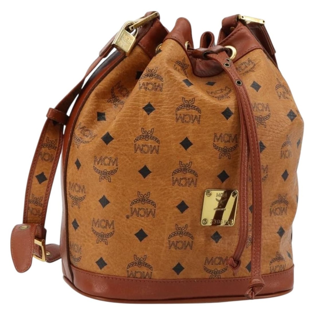 MCM Vicetos Brown Gold PVC Leather Shoulder Bag Padlock: MCM Vicetos Brown Gold PVC Leather Shoulder Bag Padlock MCM Vicetos logogram shoulder bag in brown and gold PVC leather, made in Germany. It comes with a padlock accessory and has a shoulder strap dro