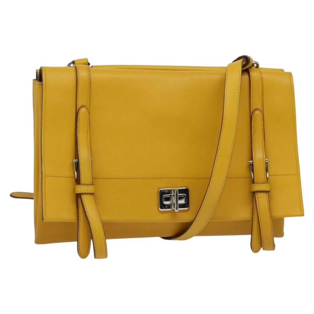 Prada Leather Shoulder Bag Yellow with Silver Tone Hardware: Prada Leather Shoulder Bag Yellow with Silver Tone Hardware Prada shoulder bag in yellow and silver leather, made in Italy. It comes with a name tag and shoulder strap. The bag shows reasonable wear a
