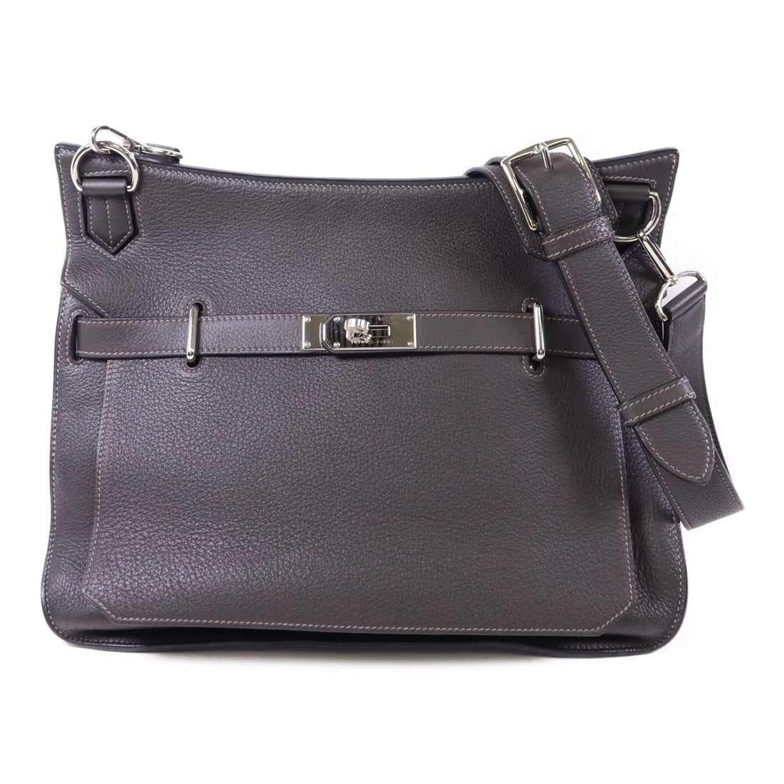 Hermes Jypsiere 34 Clemence Leather Shoulder Bag Etain PHW: Hermes Jypsiere 34 Clemence Leather Shoulder Bag Etain PHW Hermes Jypesiere 34 shoulder bag in gray Clemence calfskin (cowhide), made in France. It features belt hardware, an interior layout with two 