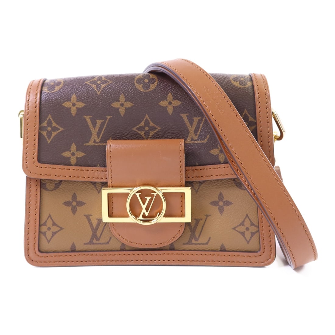 Louis Vuitton Mini Dauphine M44580 Shoulder Bag Monogram Reverse Brown: Louis Vuitton Mini Dauphine M44580 Shoulder Bag Monogram Reverse Brown A Louis Vuitton Mini Dauphine shoulder bag in brown Monogram Reverse and PVC coated canvas. It features a magnetic pocket and one