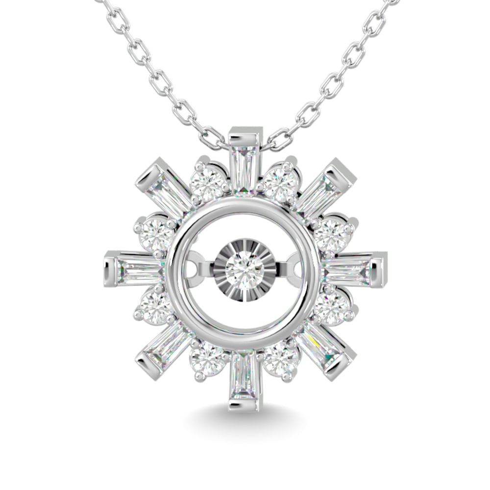Diamond 1/4 Ct.Tw. Shimmering Pendant in 14K White Gold: Diamond 1/4 Ct.Tw. Shimmering Pendant in 14K White Gold 14k White Gold Stone Color: G-h Stone Clarity: I1 Unless otherwise specified, pendants that include a chain are paired with our standard 18-inch