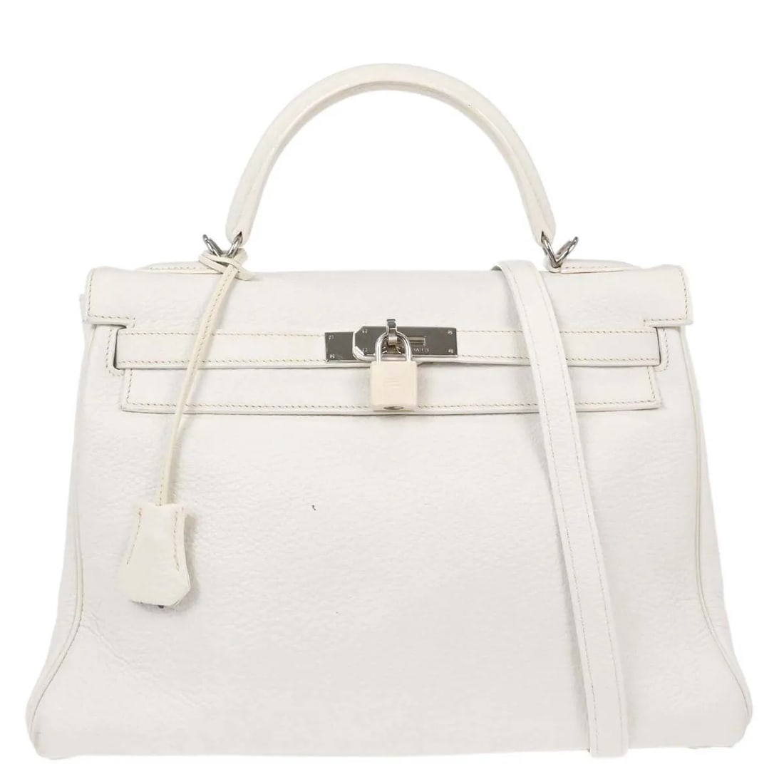 Hermes Kelly Retourne White Leather Handbag 32cm: Hermes Kelly Retourne White Leather Handbag 32cm A Hermes Kelly retourne bag in white leather, presented as a unisex piece made in France. It is described as being in good overall condition, with visi