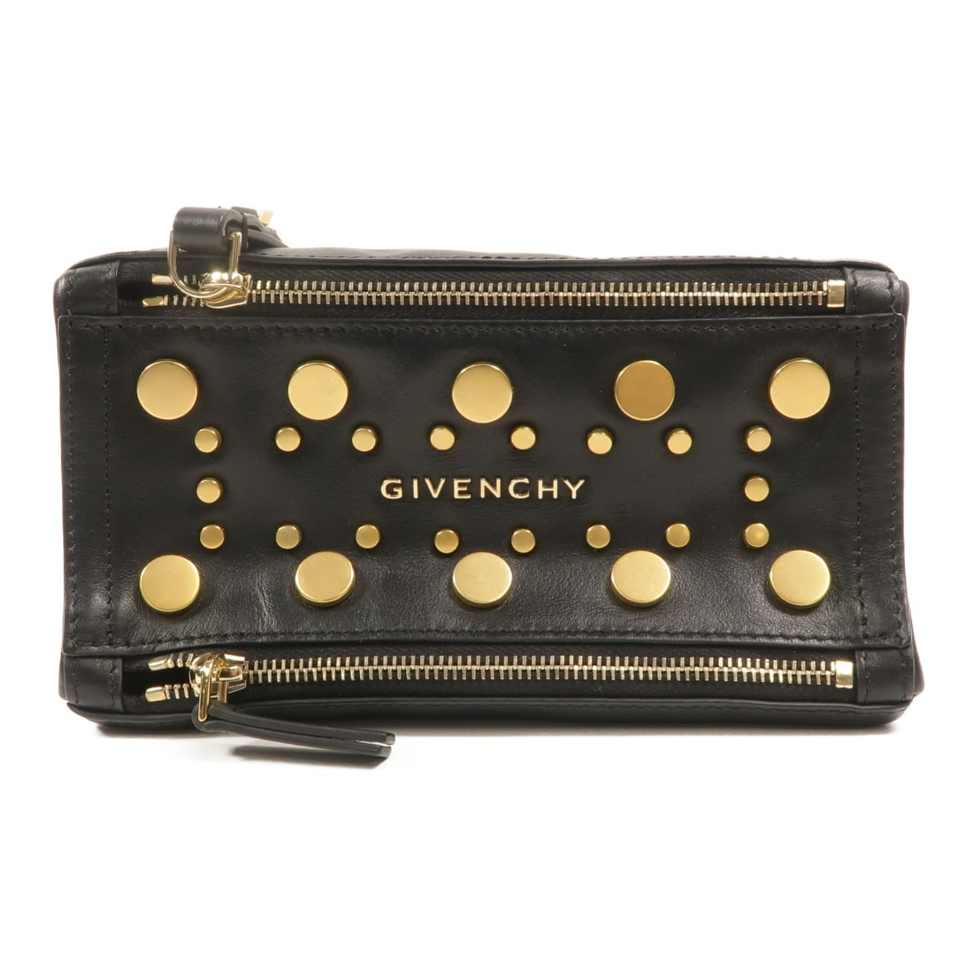 Givenchy Pandora Black Calfskin Wristlet Pouch with GHW: Givenchy Pandora Black Calfskin Wristlet Pouch with GHW A Givenchy Pandora wristlet pouch bag in black calfskin leather, designed for women. It features a black frame and exterior, with a compact pouc