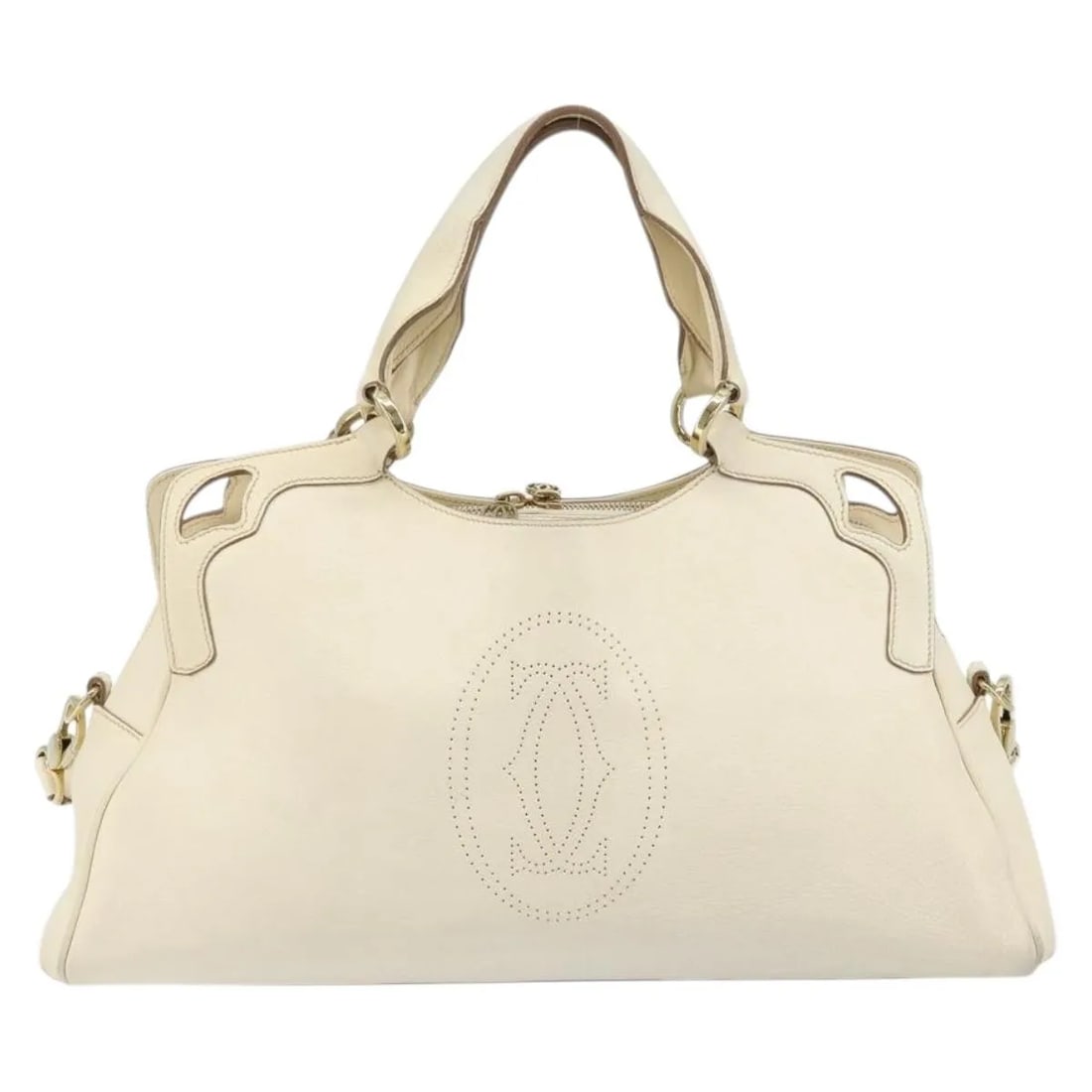 Cartier Marcello white leather handbag 40cm x 20cm x 12cm: Cartier Marcello white leather handbag 40cm x 20cm x 12cm Cartier Marcello leather handbag in white. This women's bag is made in Italy and shows fair pre-owned condition with visible wear throughout, 