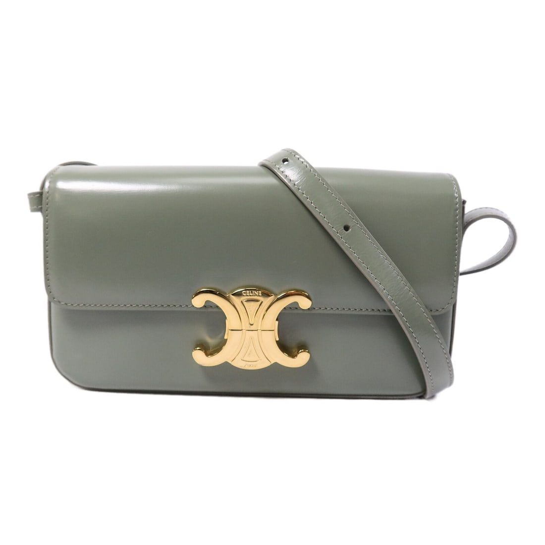 CELINE Claude 194143BF4 calfskin shoulder bag in green: CELINE Claude 194143BF4 calfskin shoulder bag in green A CELINE Claude shoulder bag in green calfskin leather with gold-tone hardware. The bag features one inside open pocket and an adjustable shoulde