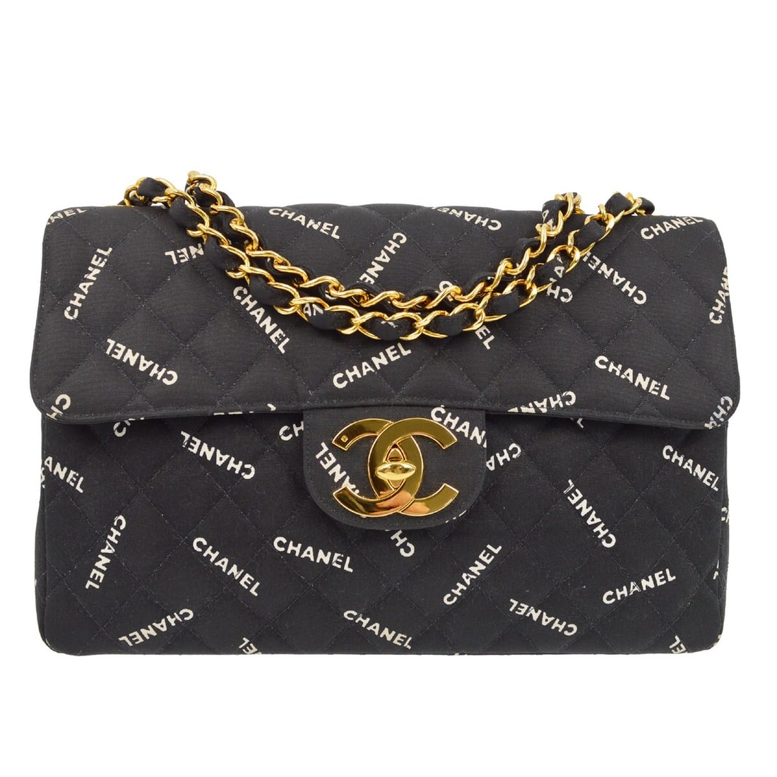 CHANEL Classic Flap Maxi Shoulder Bag Black Quilted Canvas: CHANEL Classic Flap Maxi Shoulder Bag Black Quilted Canvas Chanel Maxi Classic Flap shoulder bag in black canvas with a quilted matelasse design and turn-lock closure. This large shoulder bag features