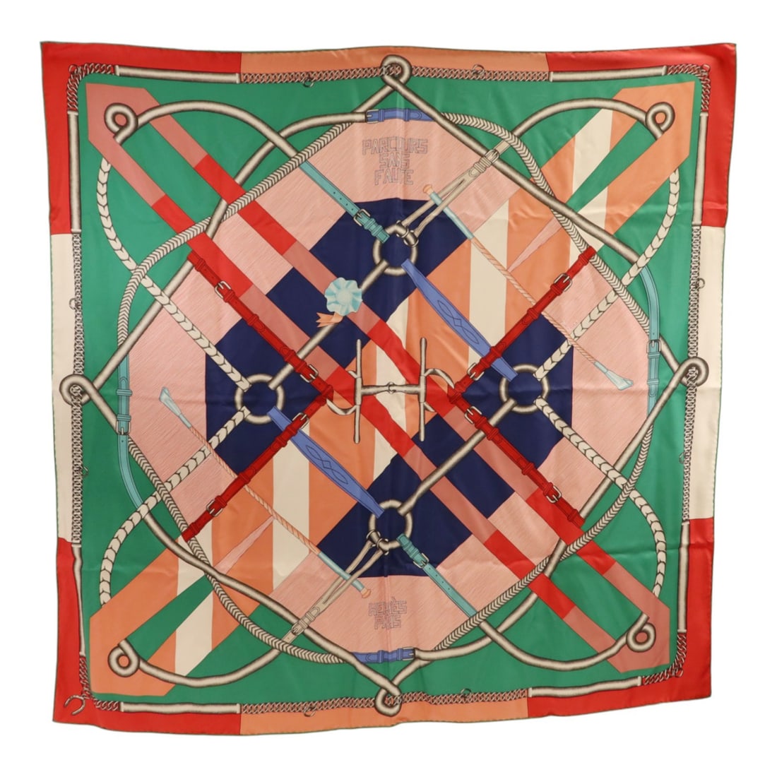 Hermes Silk Scarf 90cm x 90cm Green Pink Red Multicolor: Hermes Silk Scarf 90cm x 90cm Green Pink Red Multicolor Hermes silk scarf in a green, pink, red, and multicolor design. Made in France, this women's regular-size scarf measures 90 cm x 90 cm and comes