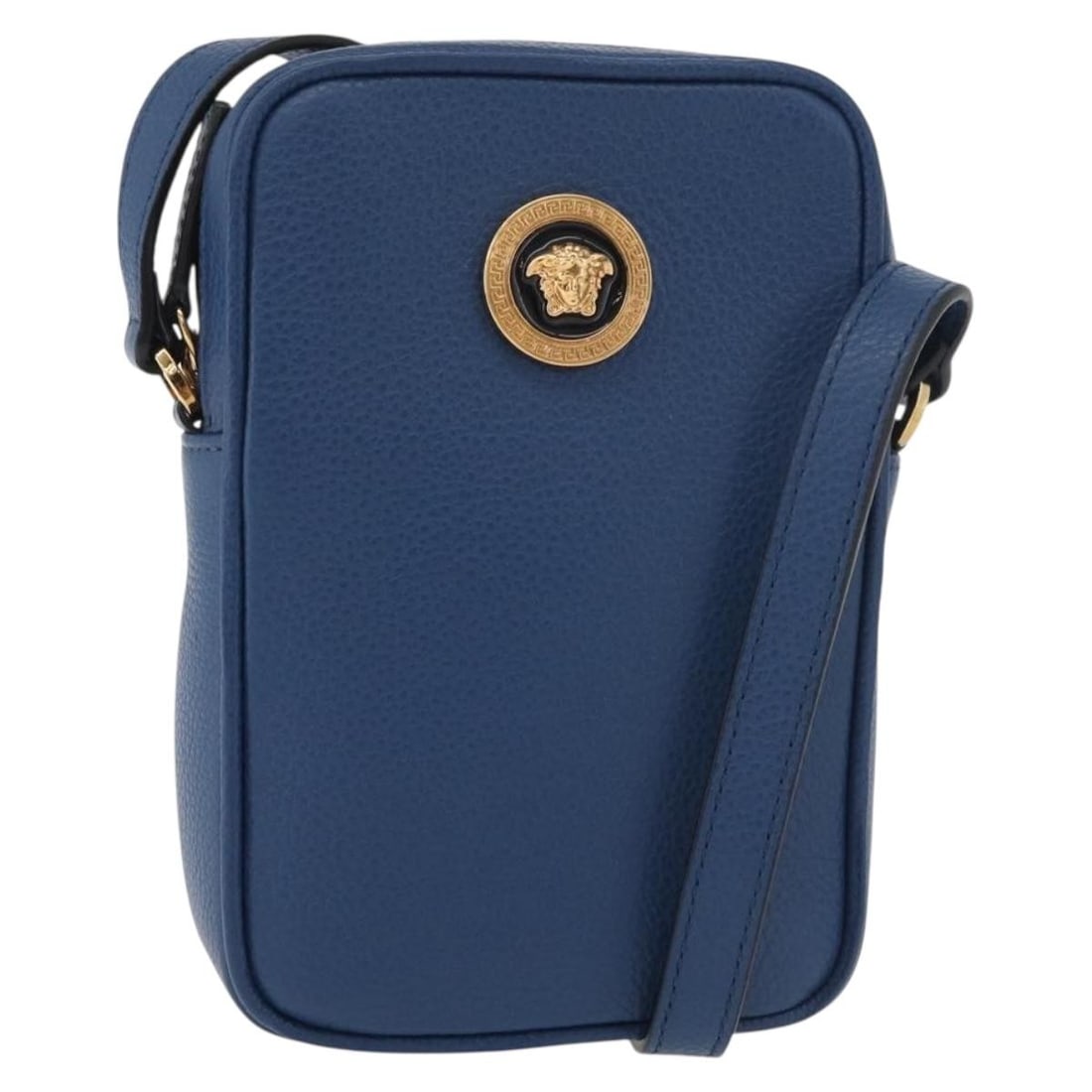 Versace Leather Shoulder Bag in Blue with Gold Tone Dust Bag: Versace Leather Shoulder Bag in Blue with Gold Tone Dust Bag A Versace shoulder bag crafted in blue leather with gold-tone detailing. It comes with a dust bag and was made in Italy. The bag measures a