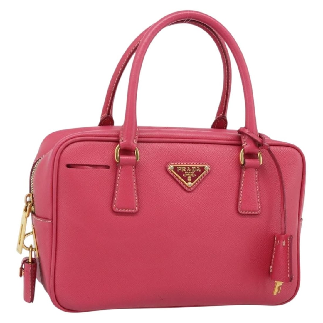 Prada Saffiano Leather Handbag Pink Gold Tone with Dust Bag: Prada Saffiano Leather Handbag Pink Gold Tone with Dust Bag Pink and gold Prada hand bag made from Saffiano leather. It comes with a dust bag, padlock, two keys, and a clochette. Made in Italy, this b