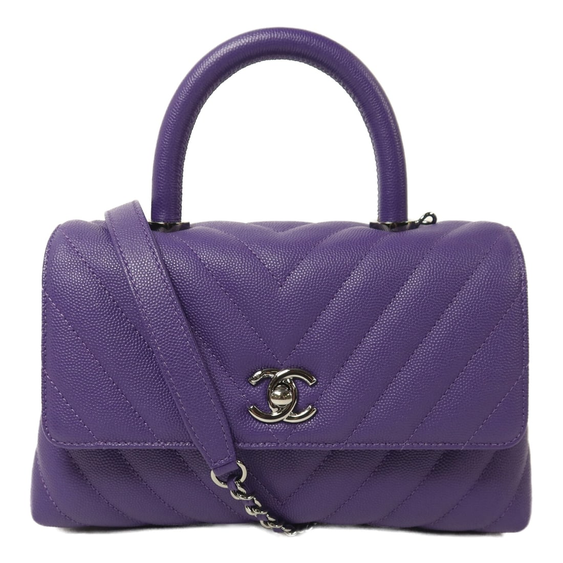 CHANEL Coco Handle 2 Way Shoulder Bag Purple Calfskin CC SHW: CHANEL Coco Handle 2 Way Shoulder Bag Purple Calfskin CC SHW CHANEL 2-way shoulder bag in purple calfskin leather with a Coco Handle chain design and silver-tone hardware. It features a turn lock clos