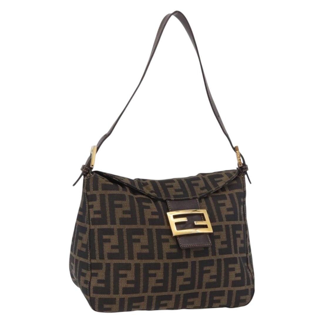 Fendi Mamma Baguette Shoulder Bag in Black Brown Zucca Canvas: Fendi Mamma Baguette Shoulder Bag in Black Brown Zucca Canvas Fendi Mamma Baguette shoulder bag in Zucca canvas, presented in black, brown, and gold. Made in Italy, this women's bag features a shoulde