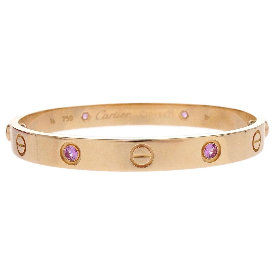 Cartier Love Rose Gold Bangle Bracelet 18K Pink Sapphire Size 16: Cartier Love Rose Gold Bangle Bracelet 18K Pink Sapphire Size 16 Cartier Love bangle bracelet crafted in Au750 rose gold and set with pink sapphire. This bangle features the OY8839 reference and inclu
