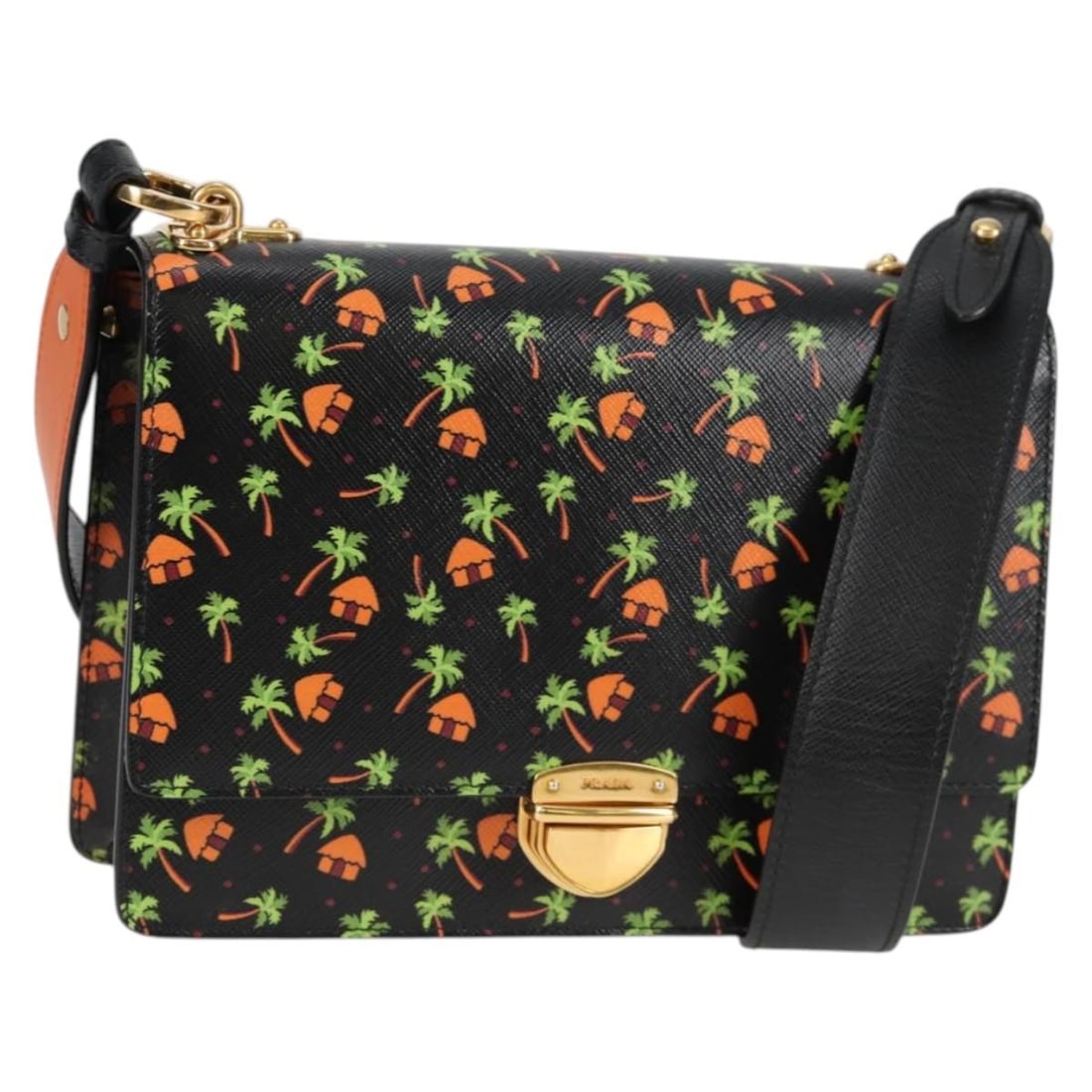 PRADA Leather Shoulder Bag Black with Gold Tone Hardware: PRADA Leather Shoulder Bag Black with Gold Tone Hardware A Prada shoulder bag in black and gold leather, made in Italy and designed for women. It comes with a dust bag and features a shoulder strap dr