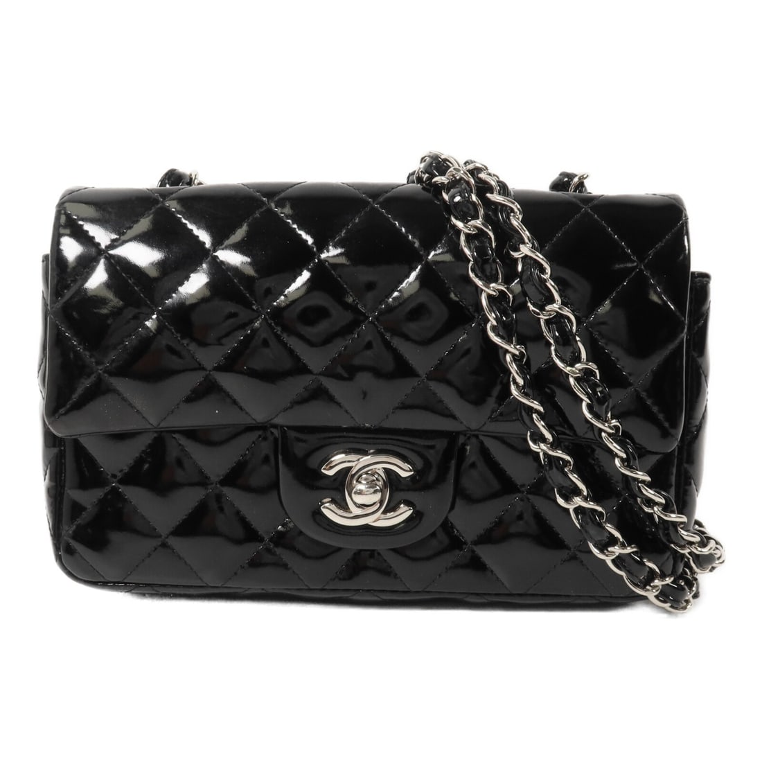 CHANEL Mini Classic 20 Patent Leather Chain Shoulder Bag Black: CHANEL Mini Classic 20 Patent Leather Chain Shoulder Bag Black A CHANEL Mini Classic 20 Chain Shoulder Bag in black patent leather with a chain shoulder strap and CC turn-lock closure. The bag include