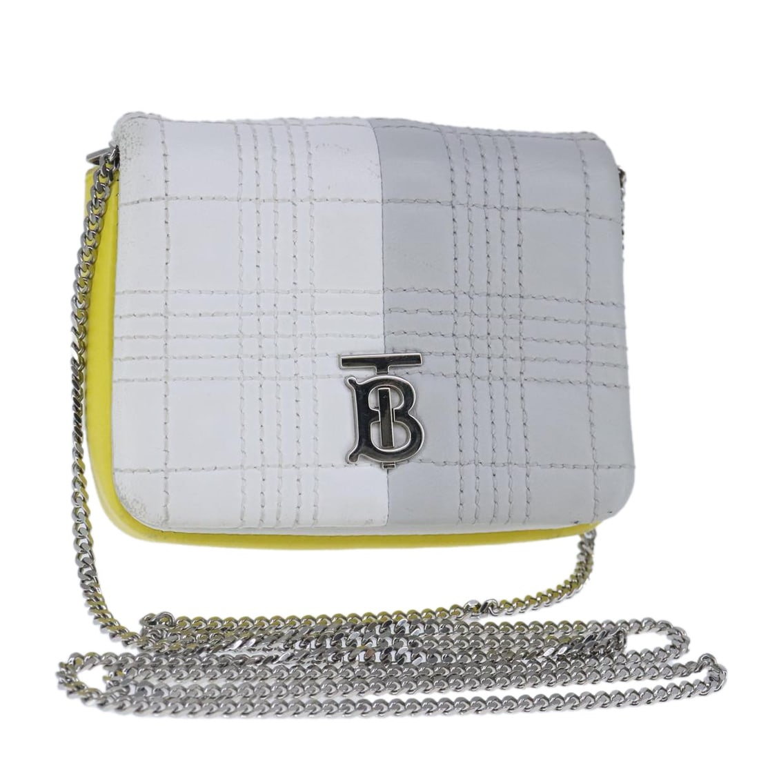 Burberry TB Leather Shoulder Bag White Yellow Made in Italy: Burberry TB Leather Shoulder Bag White Yellow Made in Italy A Burberry TB Chain Shoulder Bag in leather with a white and yellow colorway. It is a shoulder bag made in Italy and measures approximately 
