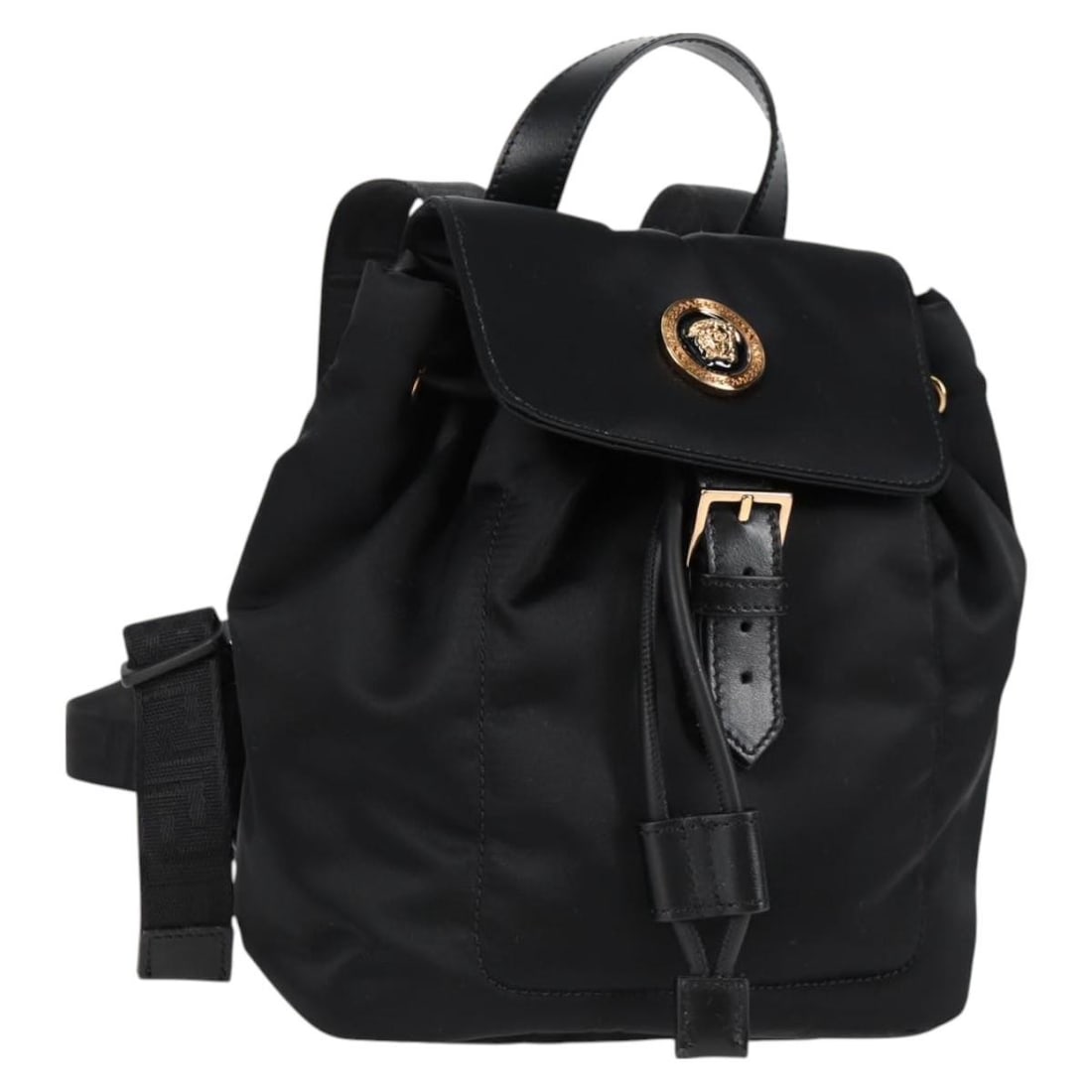 Versace nylon backpack in black with gold tone dust bag: Versace nylon backpack in black with gold tone dust bag Versace backpack in black and gold nylon, made in Italy. It includes a dust bag and is described as being in pristine condition, with the outsid