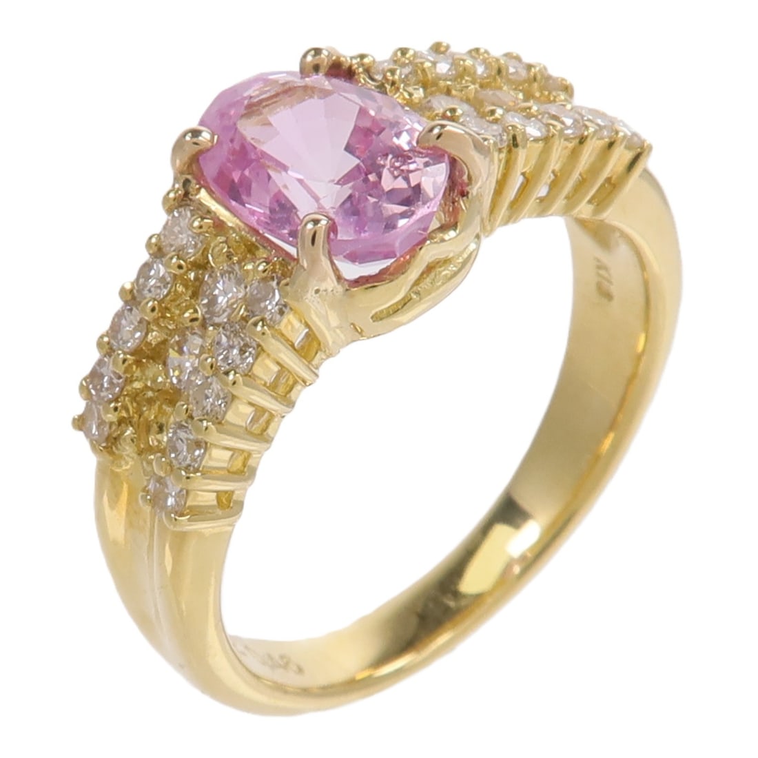 18K Yellow Gold Pink Sapphire Diamond Ring Size 6: 18K Yellow Gold Pink Sapphire Diamond Ring Size 6 Pink Sapphire and Diamond Ring in 18K Yellow Gold, size US 6. The ring features pink sapphire and diamond accents with a pink, clear, and pink color p