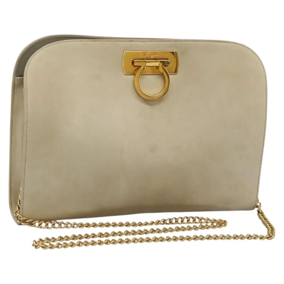 Salvatore Ferragamo Gancini Chain suede shoulder bag beige: Salvatore Ferragamo Gancini Chain suede shoulder bag beige Salvatore Ferragamo Gancini Chain shoulder bag in beige suede. This women's bag is made in Italy and shows fair overall condition with visibl