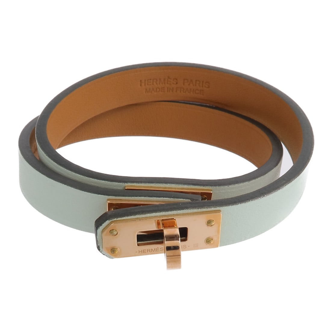 Hermes Mini Kelly Double Tour Bracelet Vert Fizz Swift Calfskin MM: Hermes Mini Kelly Double Tour Bracelet Vert Fizz Swift Calfskin MM Hermes Mini Kelly Double Tour bracelet in Vert Fizz green, made from Veau Swift leather and calfskin (cowhide). This women's bracelet