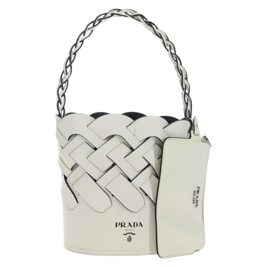 PRADA White Leather Shoulder Bag with Pouch Made in Italy: PRADA White Leather Shoulder Bag with Pouch Made in Italy Prada women's shoulder bag in white leather, made in Italy. The bag comes with a pouch and has an excellent overall condition with no remarkab