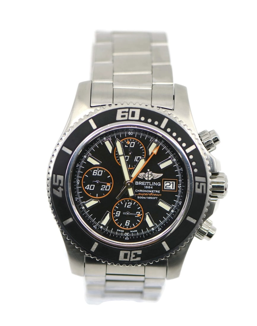 Superocean Chronograph 44mm Stainless Steel Automatic Watch Ref A13341 With Box: Superocean Chronograph 44mm Stainless Steel Automatic Watch Ref A13341 With Box This Breitling Superocean Chronograph wristwatch features a 44 mm stainless steel case and matching stainless steel band