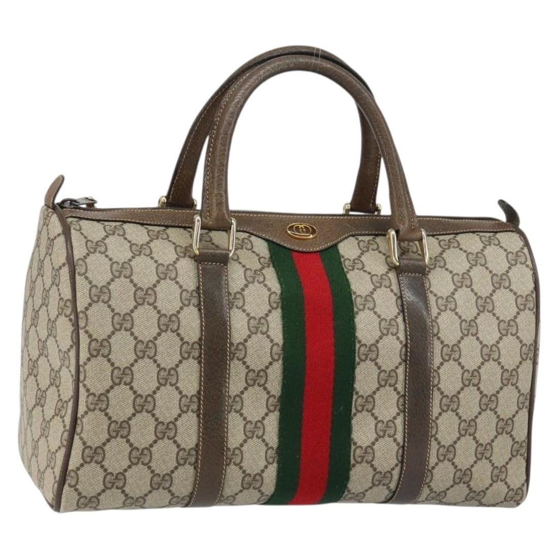 Beige Gold GG Supreme Sherry Line Boston Bag by Gucci PVC 378 02 07: Beige Gold GG Supreme Sherry Line Boston Bag by Gucci PVC 378 02 07 This is a Gucci GG Supreme Web Sherry Line Boston bag crafted from beige and gold PVC leather and GG canvas. The bag features dual t