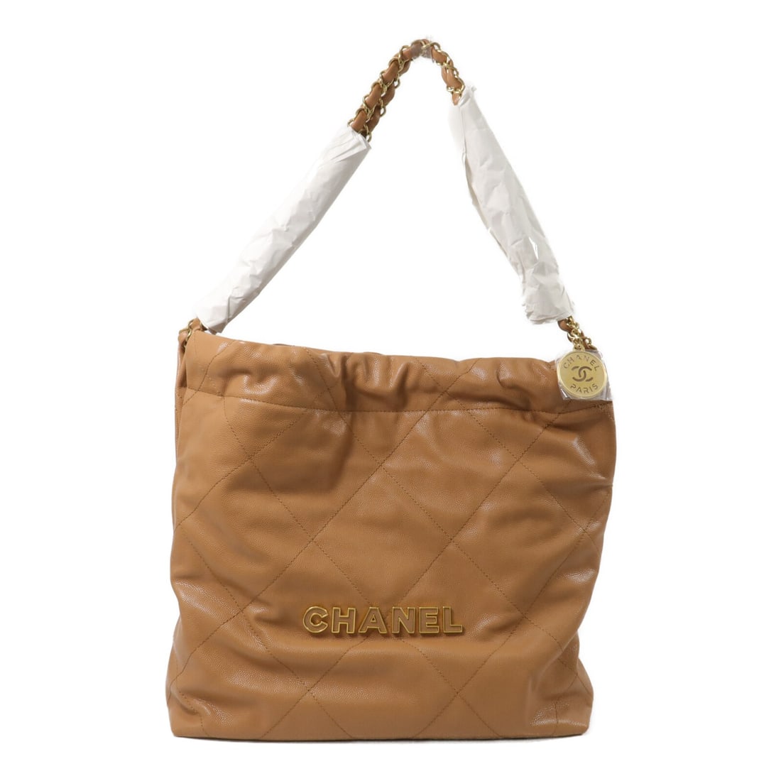 CHANEL AS3260 Chanel 22 Small Shoulder Bag Beige Calfskin: CHANEL AS3260 Chanel 22 Small Shoulder Bag Beige Calfskin CHANEL Chanel 22 Small Chain Shoulder Bag in beige/caramel calfskin with a chain handle. It features a magnetic pocket and one inside zip pock